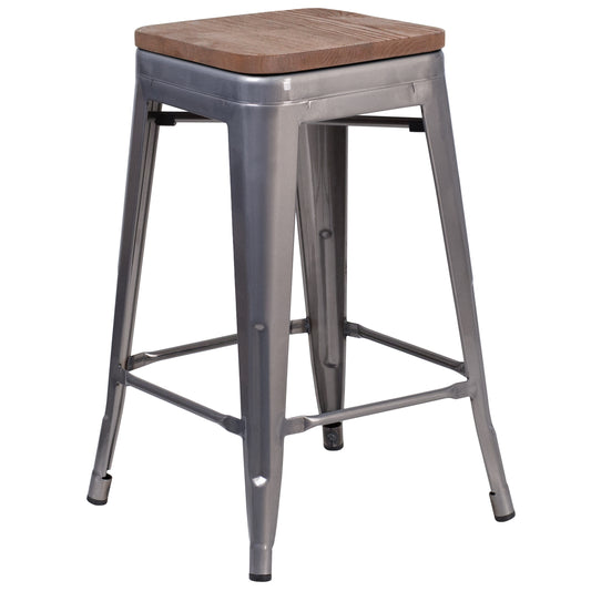 Lincoln 24" High Backless Silver Antique Finish with Clear Coat Metal Counter Height Stool with Square Wood Seat Clear Coated