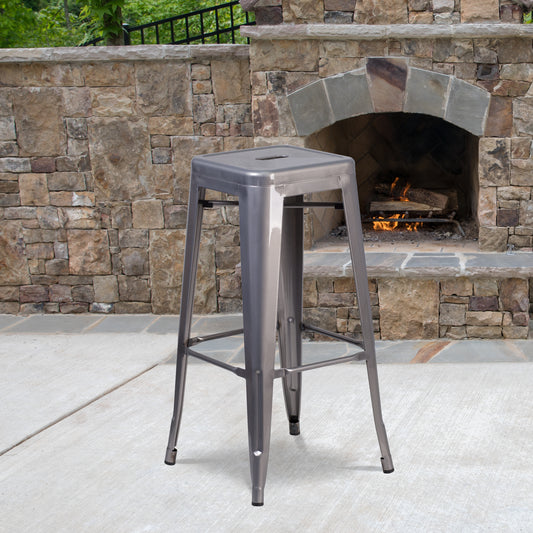 Lincoln 30'' High Backless Silver Antique Finish with Clear Coat Metal Indoor Barstool with Square Seat Clear Coated