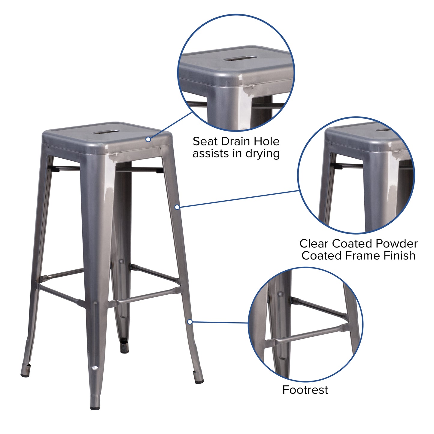 Lincoln 30'' High Backless Silver Antique Finish with Clear Coat Metal Indoor Barstool with Square Seat Clear Coated