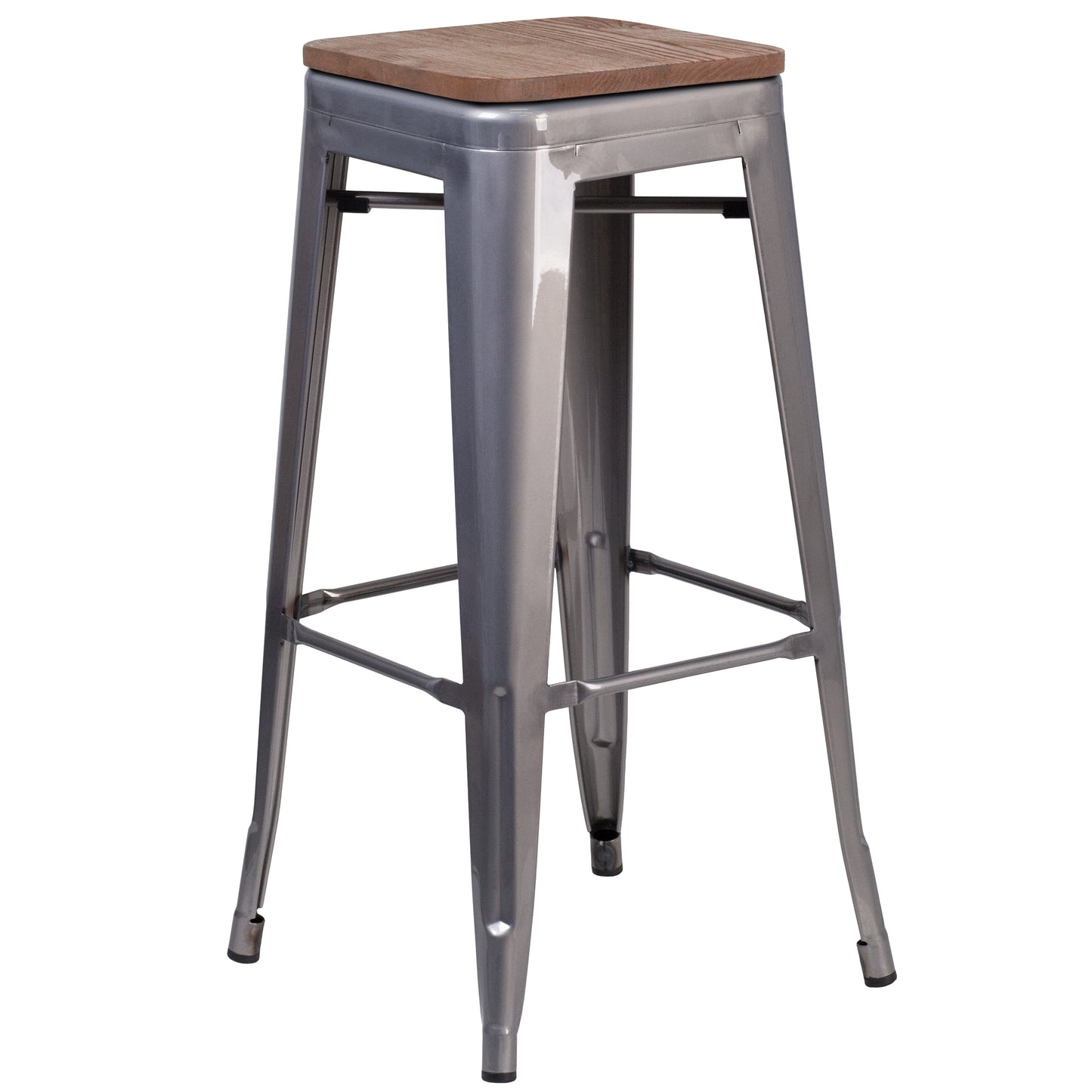 Lincoln 30" High Backless Silver Antique Finish with Clear Coat Metal Barstool with Square Wood Seat Clear Coated
