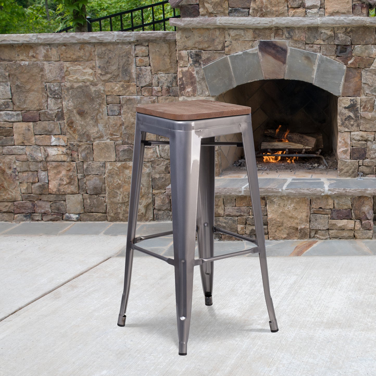 Lincoln 30" High Backless Silver Antique Finish with Clear Coat Metal Barstool with Square Wood Seat Clear Coated