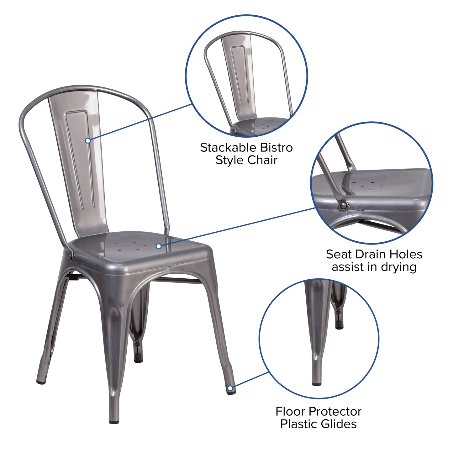 Lincoln Silver Antique Finish with Clear Coat Metal Indoor Stackable Chair Clear Coated