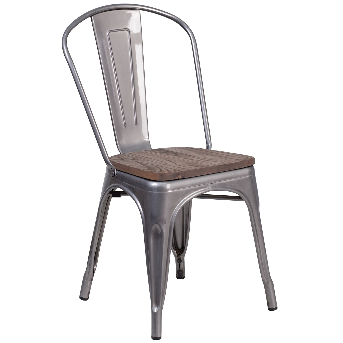 Lincoln Silver Antique Finish with Clear Coat Metal Stackable Chair with Wood Seat Clear Coated