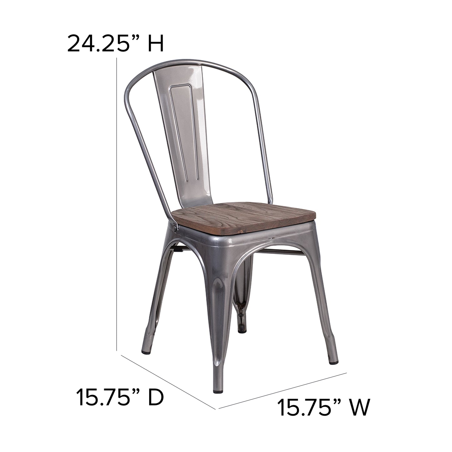 Lincoln Silver Antique Finish with Clear Coat Metal Stackable Chair with Wood Seat Clear Coated