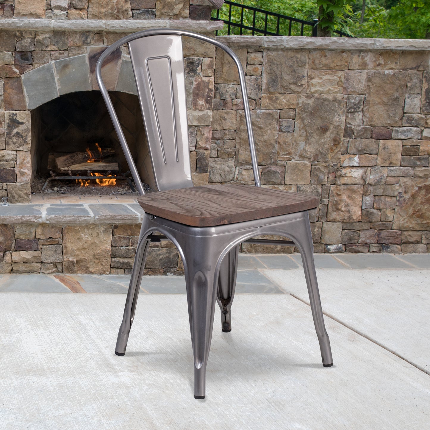 Lincoln Silver Antique Finish with Clear Coat Metal Stackable Chair with Wood Seat Clear Coated