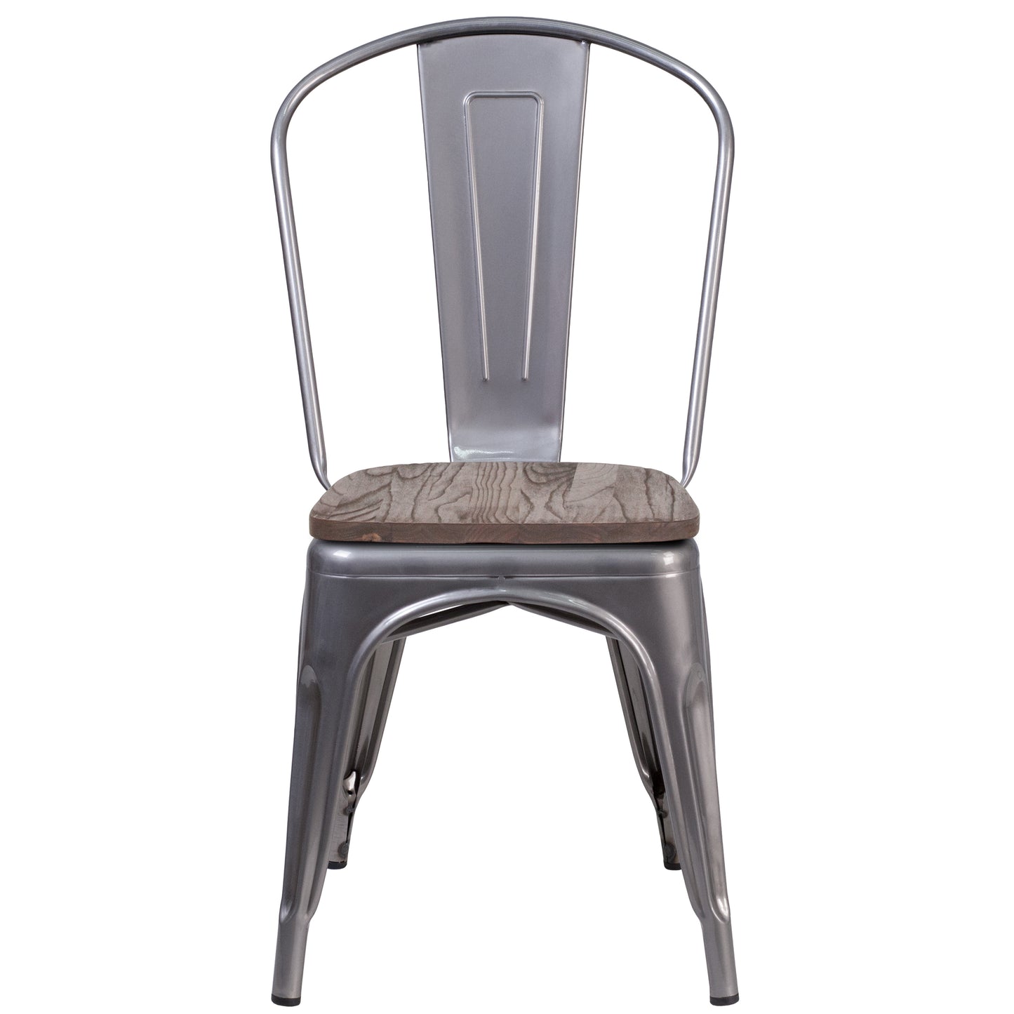 Lincoln Silver Antique Finish with Clear Coat Metal Stackable Chair with Wood Seat Clear Coated