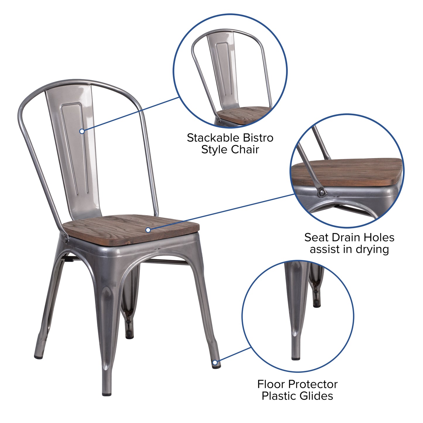 Lincoln Silver Antique Finish with Clear Coat Metal Stackable Chair with Wood Seat Clear Coated
