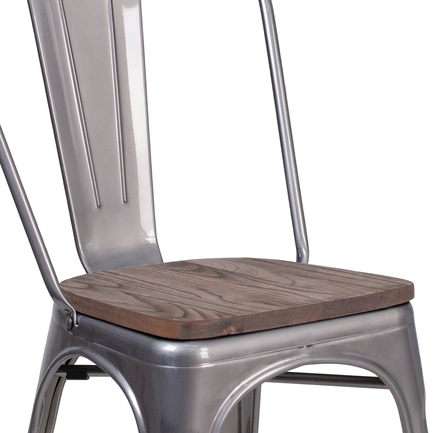Lincoln Silver Antique Finish with Clear Coat Metal Stackable Chair with Wood Seat Clear Coated