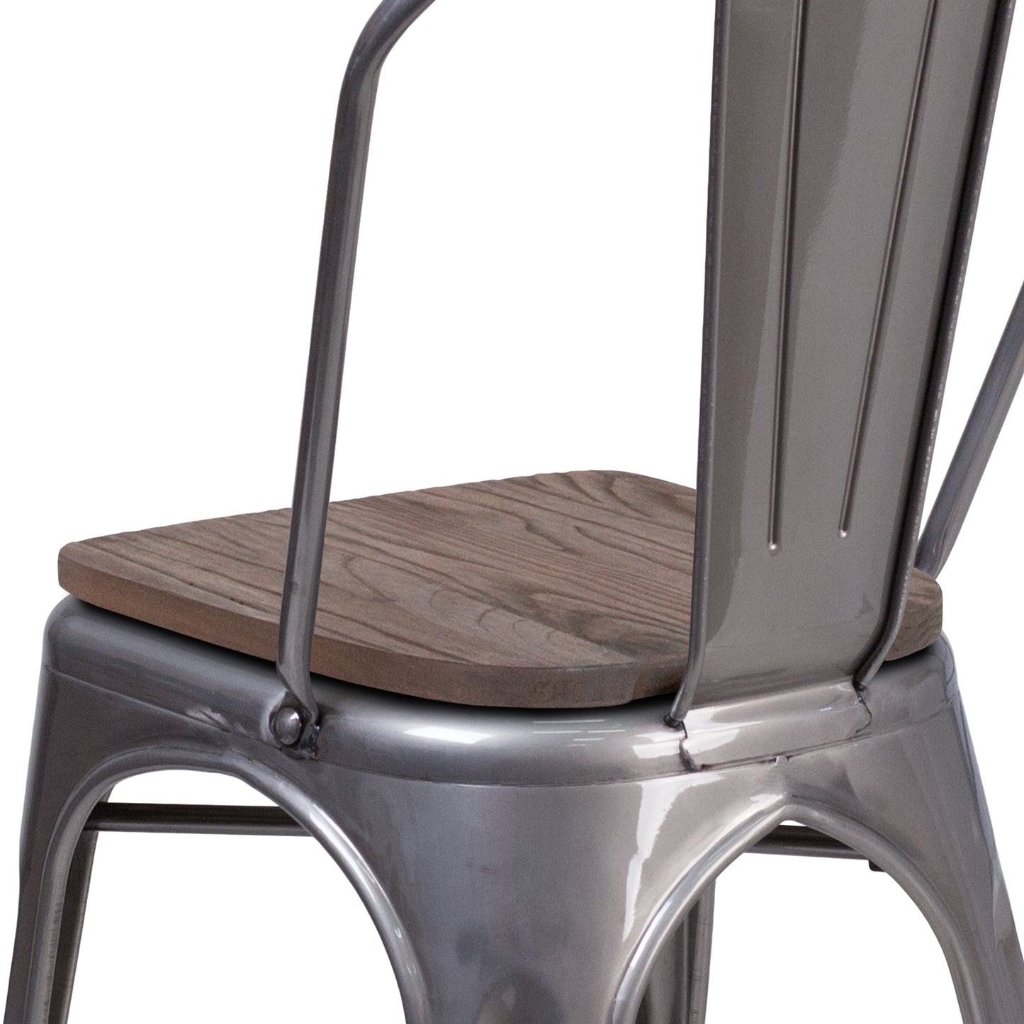 Lincoln Silver Antique Finish with Clear Coat Metal Stackable Chair with Wood Seat Clear Coated