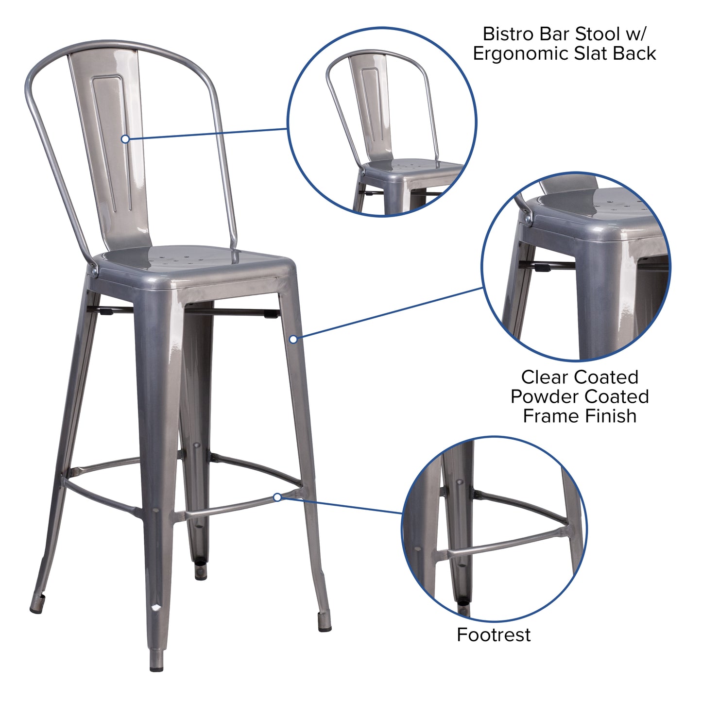 Lincoln 30'' High Silver Antique Finish with Clear Coat Indoor Barstool with Back Clear Coated
