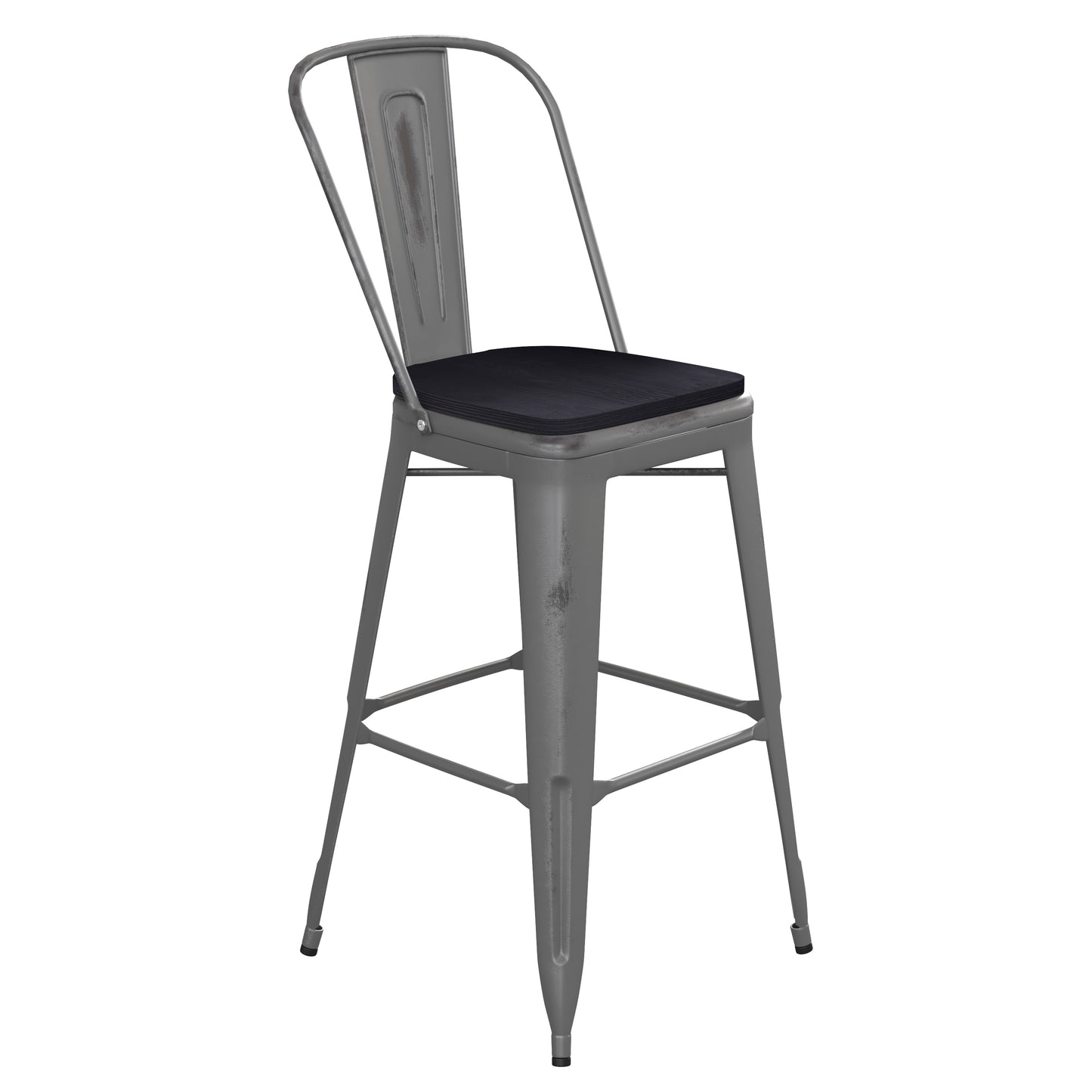 Lincoln 30'' High Silver Antique Finish with Clear Coat Indoor Barstool with Back and Black Poly Resin Wood Seat Black Seat/Clear Coated Frame XU-DG-TP001B-30-PL1B-GG