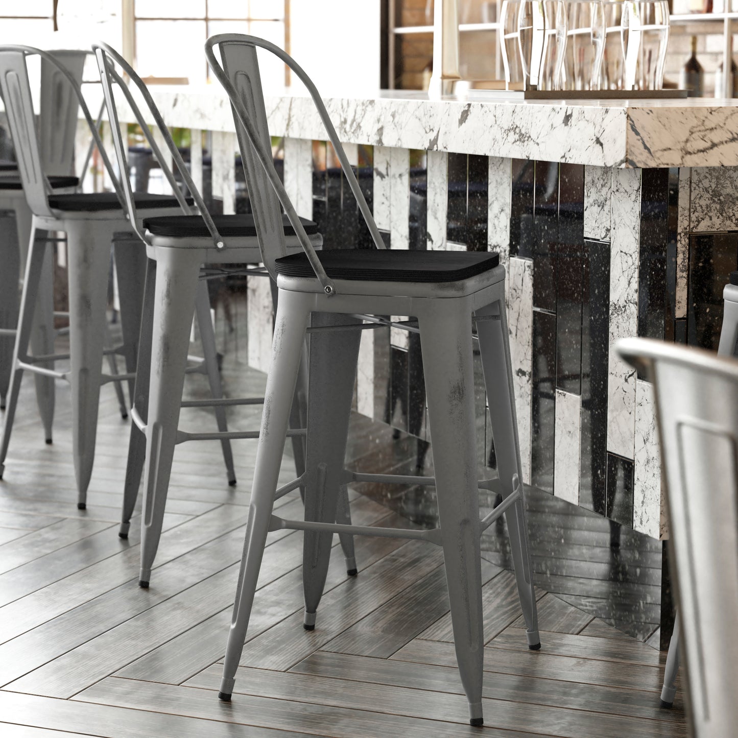 Lincoln 30'' High Silver Antique Finish with Clear Coat Indoor Barstool with Back and Black Poly Resin Wood Seat Black Seat/Clear Coated Frame XU-DG-TP001B-30-PL1B-GG