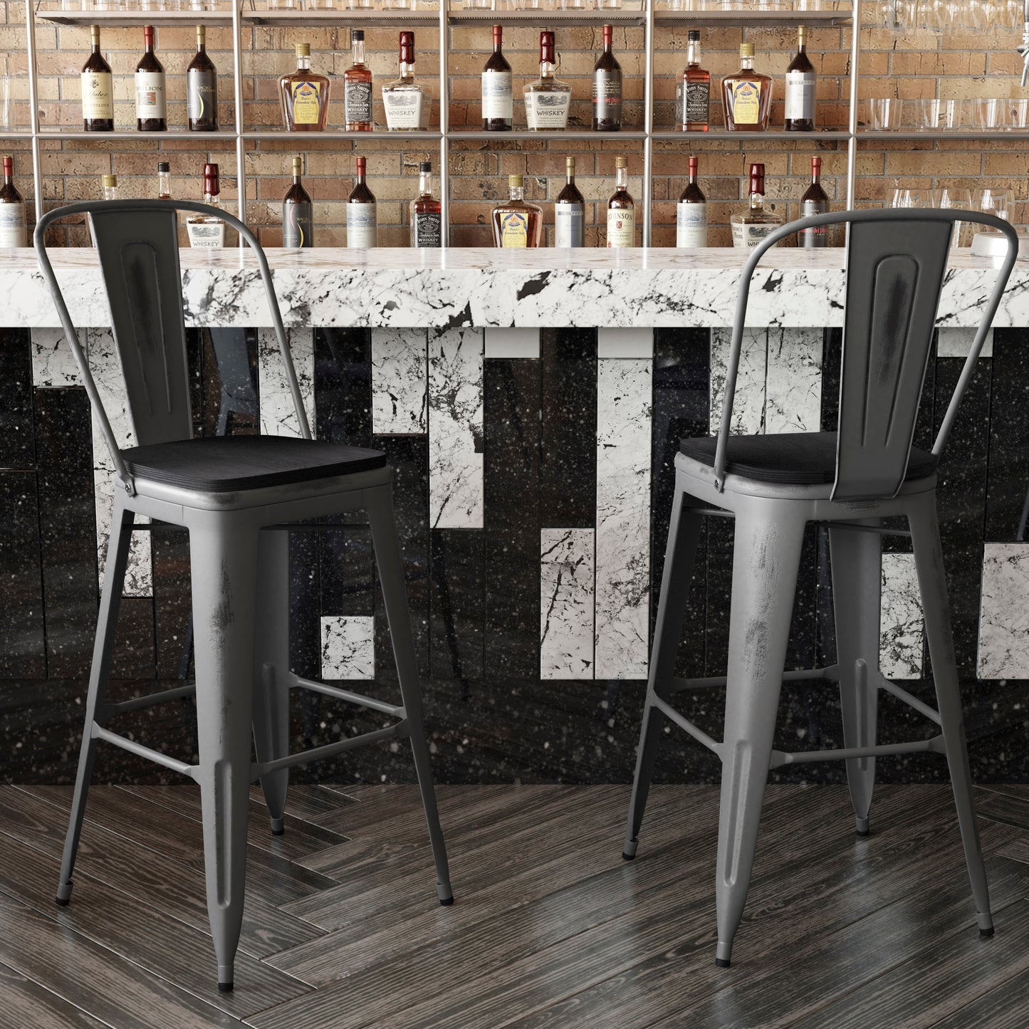 Lincoln 30'' High Silver Antique Finish with Clear Coat Indoor Barstool with Back and Black Poly Resin Wood Seat Black Seat/Clear Coated Frame XU-DG-TP001B-30-PL1B-GG