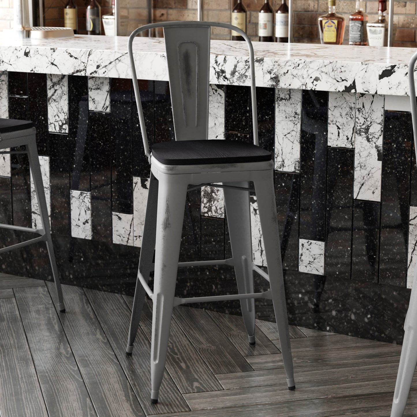 Lincoln 30'' High Silver Antique Finish with Clear Coat Indoor Barstool with Back and Black Poly Resin Wood Seat Black Seat/Clear Coated Frame XU-DG-TP001B-30-PL1B-GG