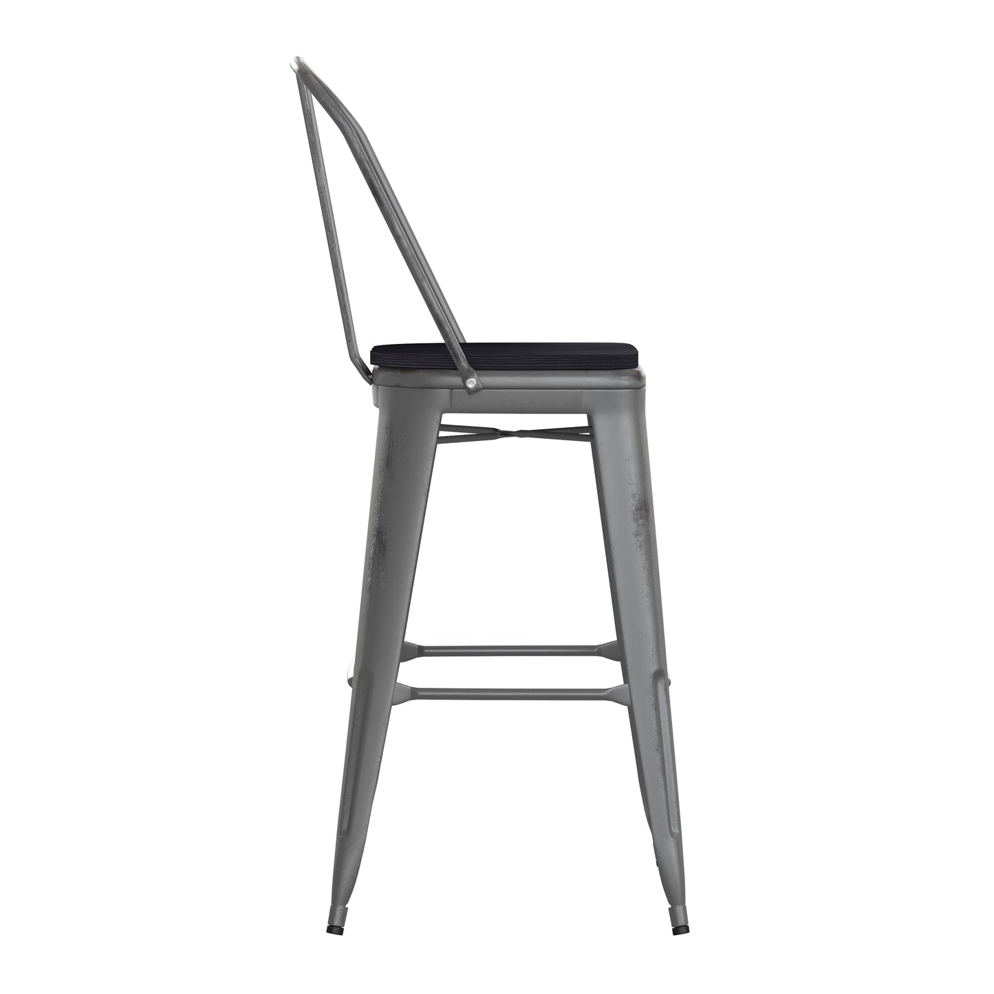 Lincoln 30'' High Silver Antique Finish with Clear Coat Indoor Barstool with Back and Black Poly Resin Wood Seat Black Seat/Clear Coated Frame XU-DG-TP001B-30-PL1B-GG