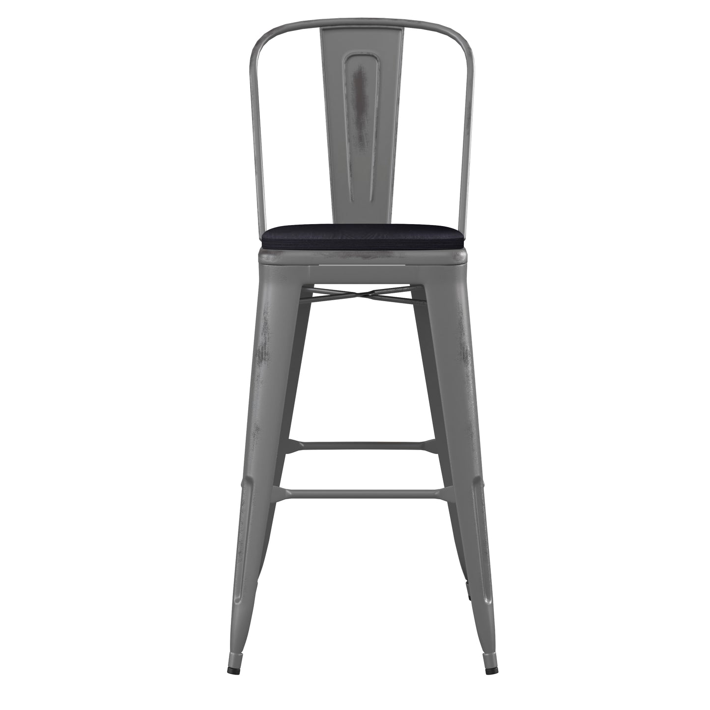 Lincoln 30'' High Silver Antique Finish with Clear Coat Indoor Barstool with Back and Black Poly Resin Wood Seat Black Seat/Clear Coated Frame XU-DG-TP001B-30-PL1B-GG