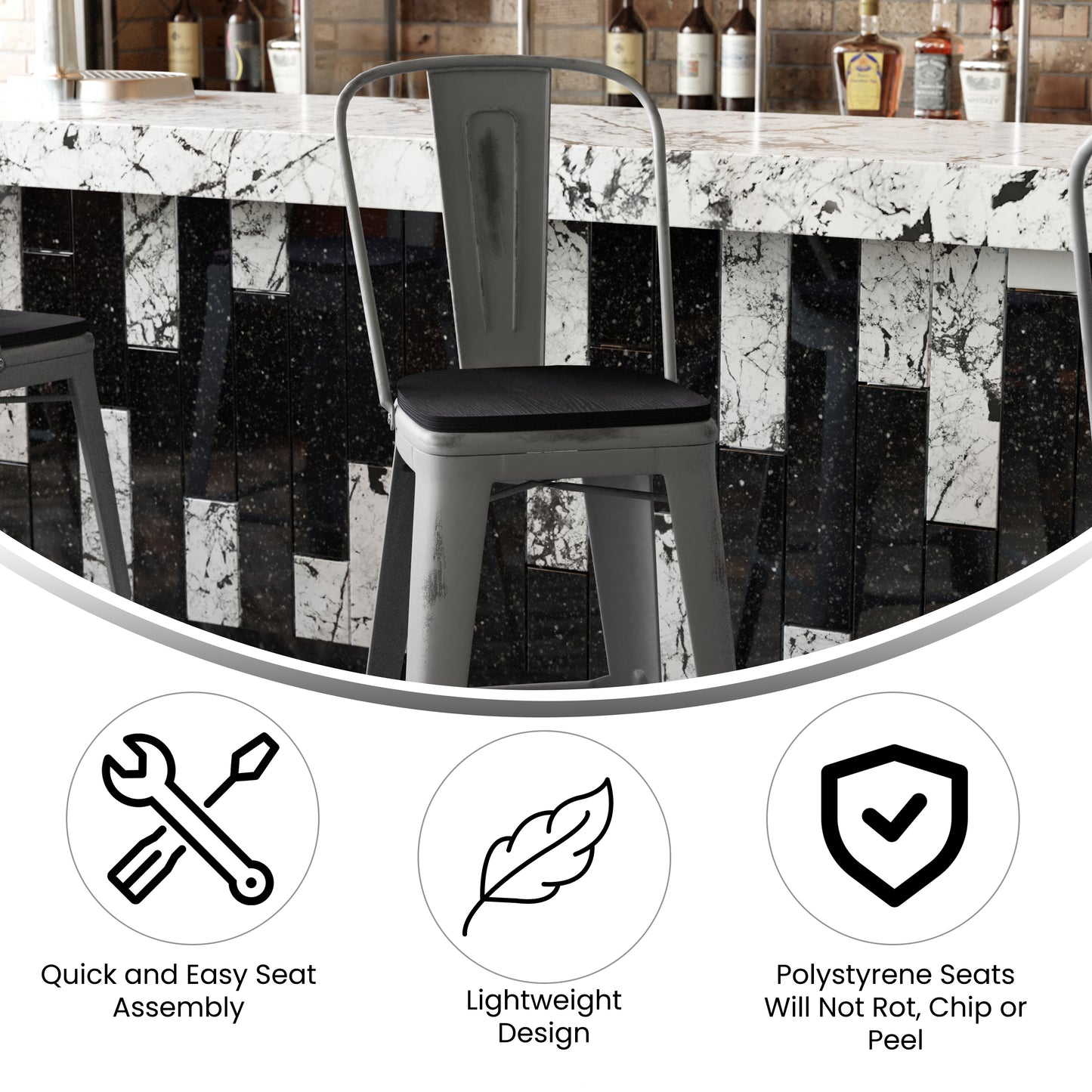 Lincoln 30'' High Silver Antique Finish with Clear Coat Indoor Barstool with Back and Black Poly Resin Wood Seat Black Seat/Clear Coated Frame XU-DG-TP001B-30-PL1B-GG