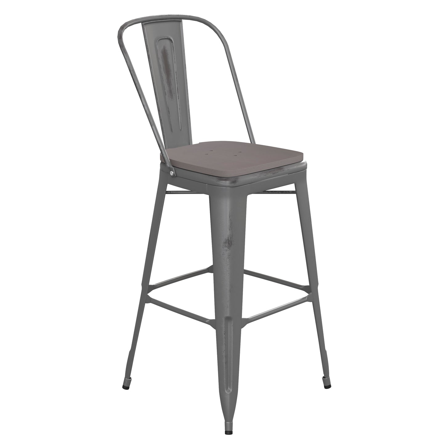 Lincoln 30'' High Silver Antique Finish with Clear Coat Indoor Barstool with Back and Gray Poly Resin Wood Seat Gray Seat/Clear Coated Frame XU-DG-TP001B-30-PL1G-GG