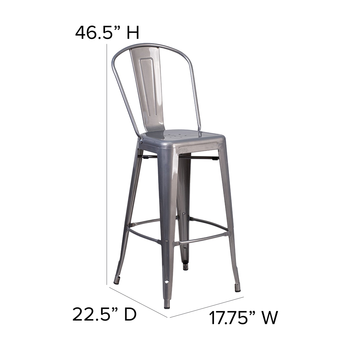 Lincoln 30'' High Silver Antique Finish with Clear Coat Indoor Barstool with Back and Gray Poly Resin Wood Seat Gray Seat/Clear Coated Frame XU-DG-TP001B-30-PL1G-GG