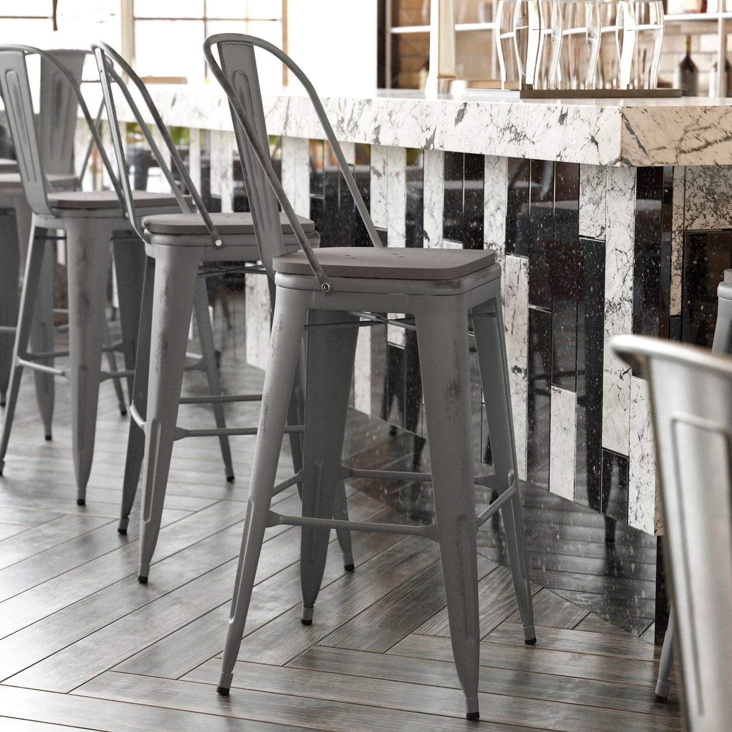 Lincoln 30'' High Silver Antique Finish with Clear Coat Indoor Barstool with Back and Gray Poly Resin Wood Seat Gray Seat/Clear Coated Frame XU-DG-TP001B-30-PL1G-GG
