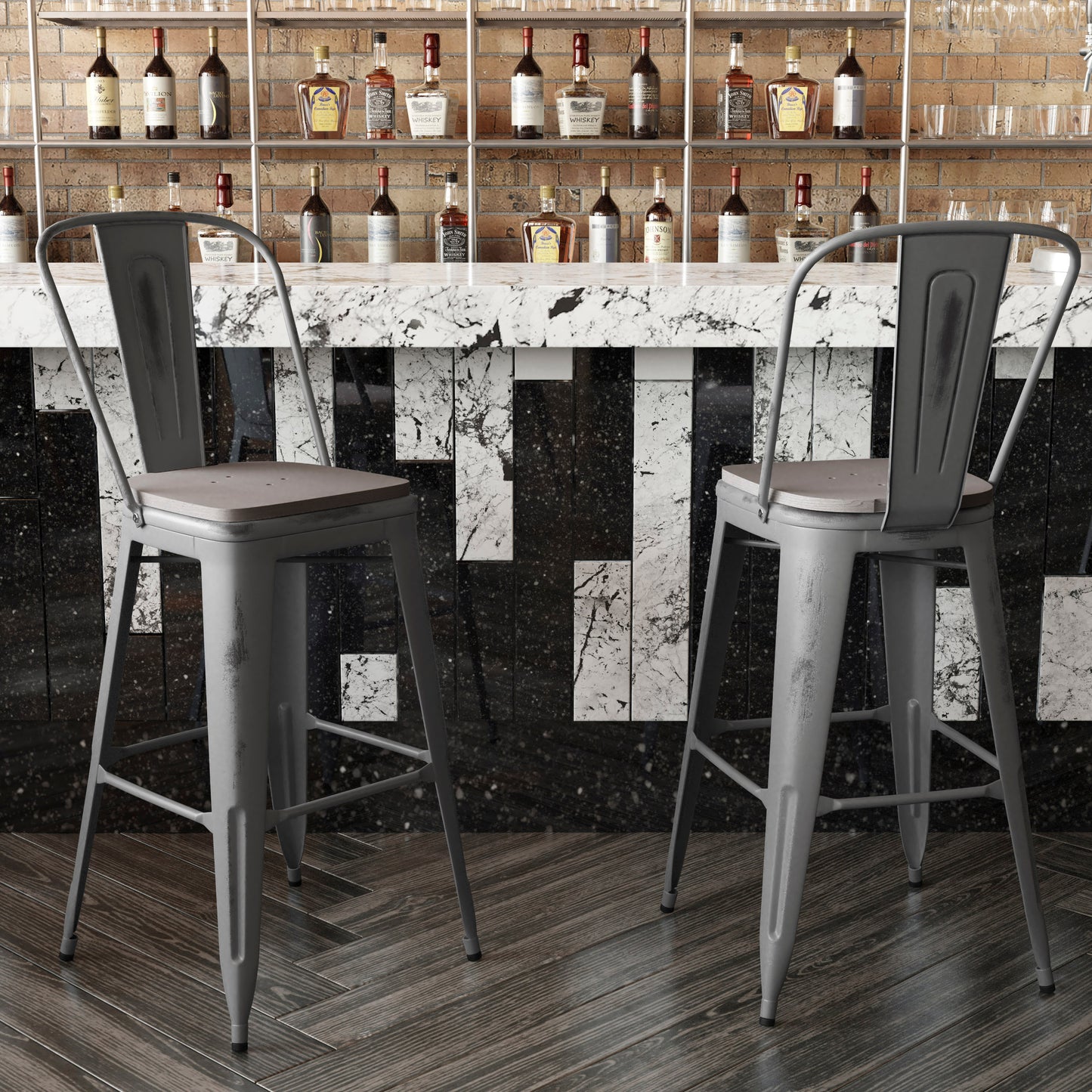 Lincoln 30'' High Silver Antique Finish with Clear Coat Indoor Barstool with Back and Gray Poly Resin Wood Seat Gray Seat/Clear Coated Frame XU-DG-TP001B-30-PL1G-GG
