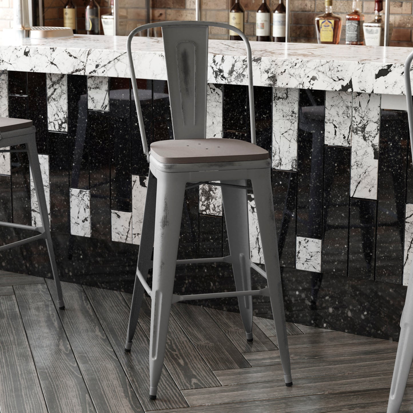 Lincoln 30'' High Silver Antique Finish with Clear Coat Indoor Barstool with Back and Gray Poly Resin Wood Seat Gray Seat/Clear Coated Frame XU-DG-TP001B-30-PL1G-GG