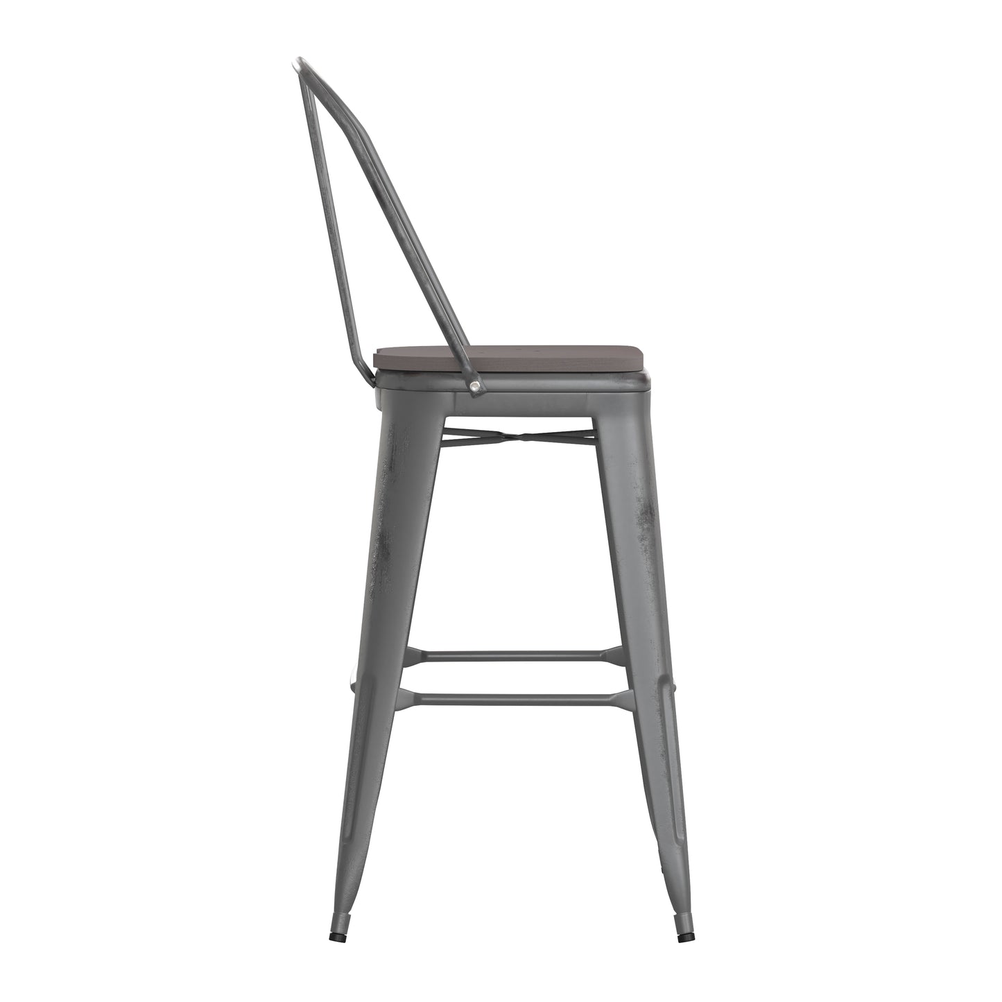 Lincoln 30'' High Silver Antique Finish with Clear Coat Indoor Barstool with Back and Gray Poly Resin Wood Seat Gray Seat/Clear Coated Frame XU-DG-TP001B-30-PL1G-GG
