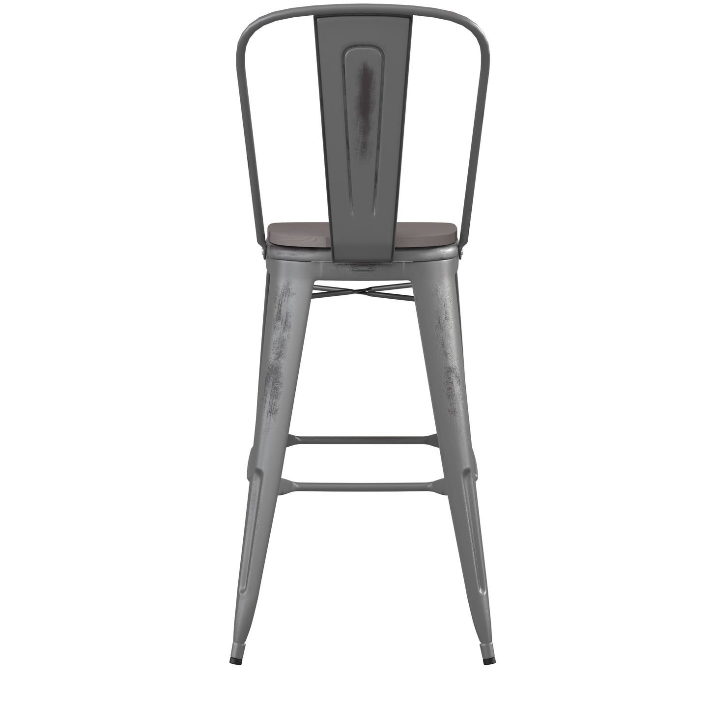Lincoln 30'' High Silver Antique Finish with Clear Coat Indoor Barstool with Back and Gray Poly Resin Wood Seat Gray Seat/Clear Coated Frame XU-DG-TP001B-30-PL1G-GG