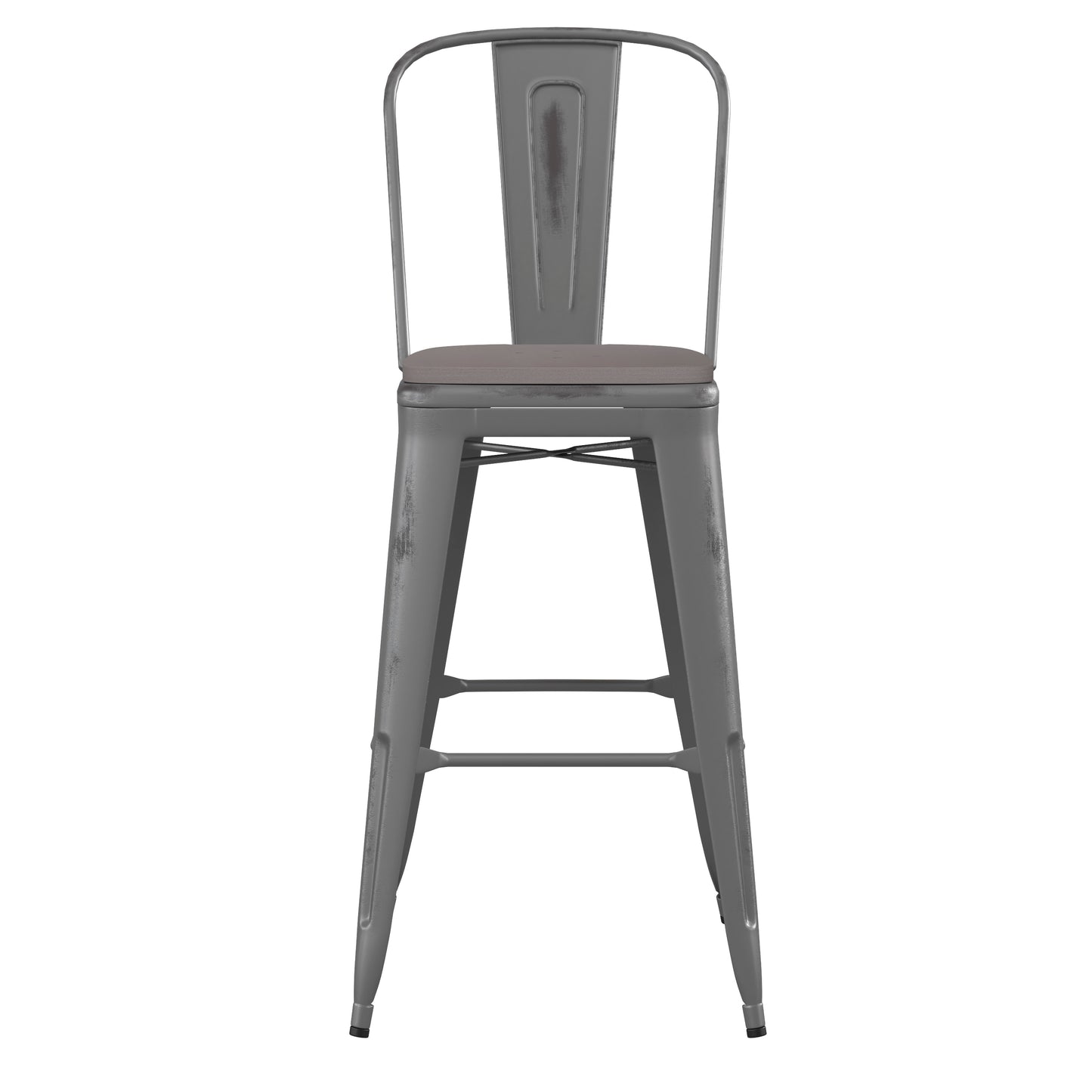 Lincoln 30'' High Silver Antique Finish with Clear Coat Indoor Barstool with Back and Gray Poly Resin Wood Seat Gray Seat/Clear Coated Frame XU-DG-TP001B-30-PL1G-GG