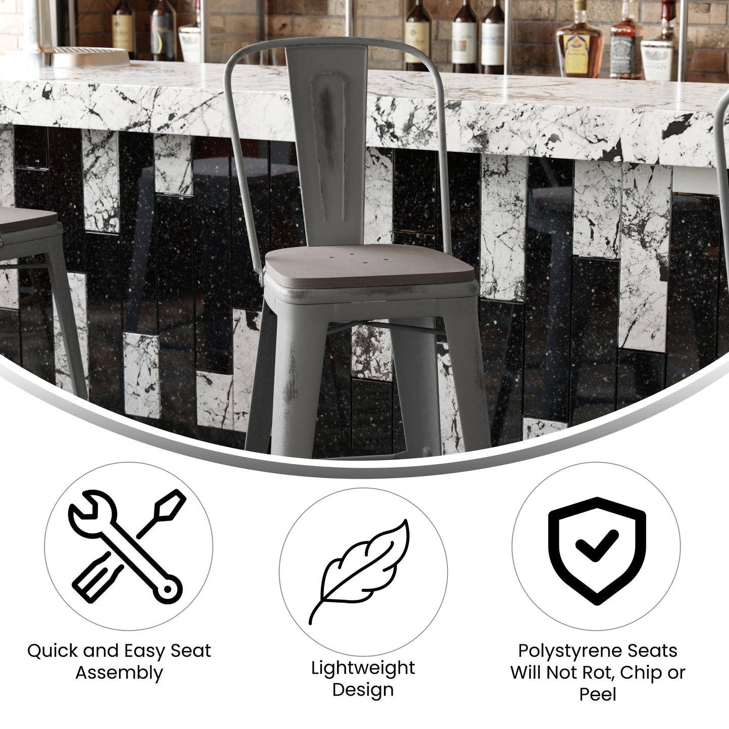Lincoln 30'' High Silver Antique Finish with Clear Coat Indoor Barstool with Back and Gray Poly Resin Wood Seat Gray Seat/Clear Coated Frame XU-DG-TP001B-30-PL1G-GG