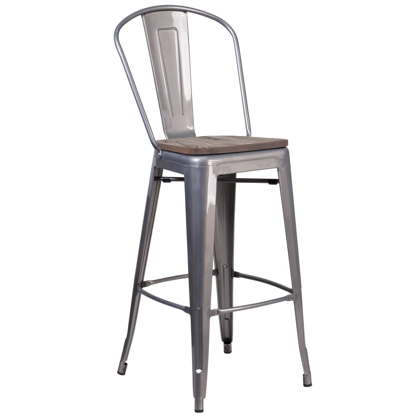 Lincoln 30" High Silver Antique Finish with Clear Coat Barstool with Back and Wood Seat Clear Coated