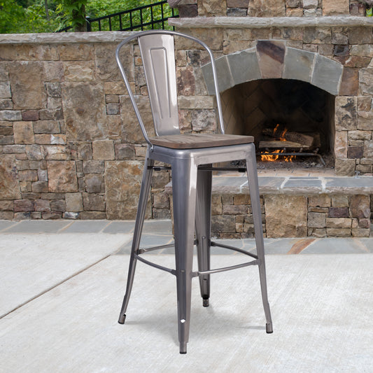 Lincoln 30" High Silver Antique Finish with Clear Coat Barstool with Back and Wood Seat Clear Coated