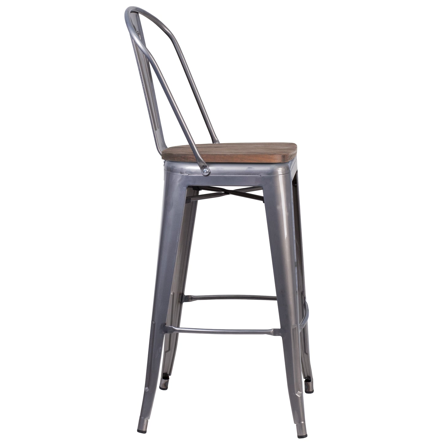 Lincoln 30" High Silver Antique Finish with Clear Coat Barstool with Back and Wood Seat Clear Coated