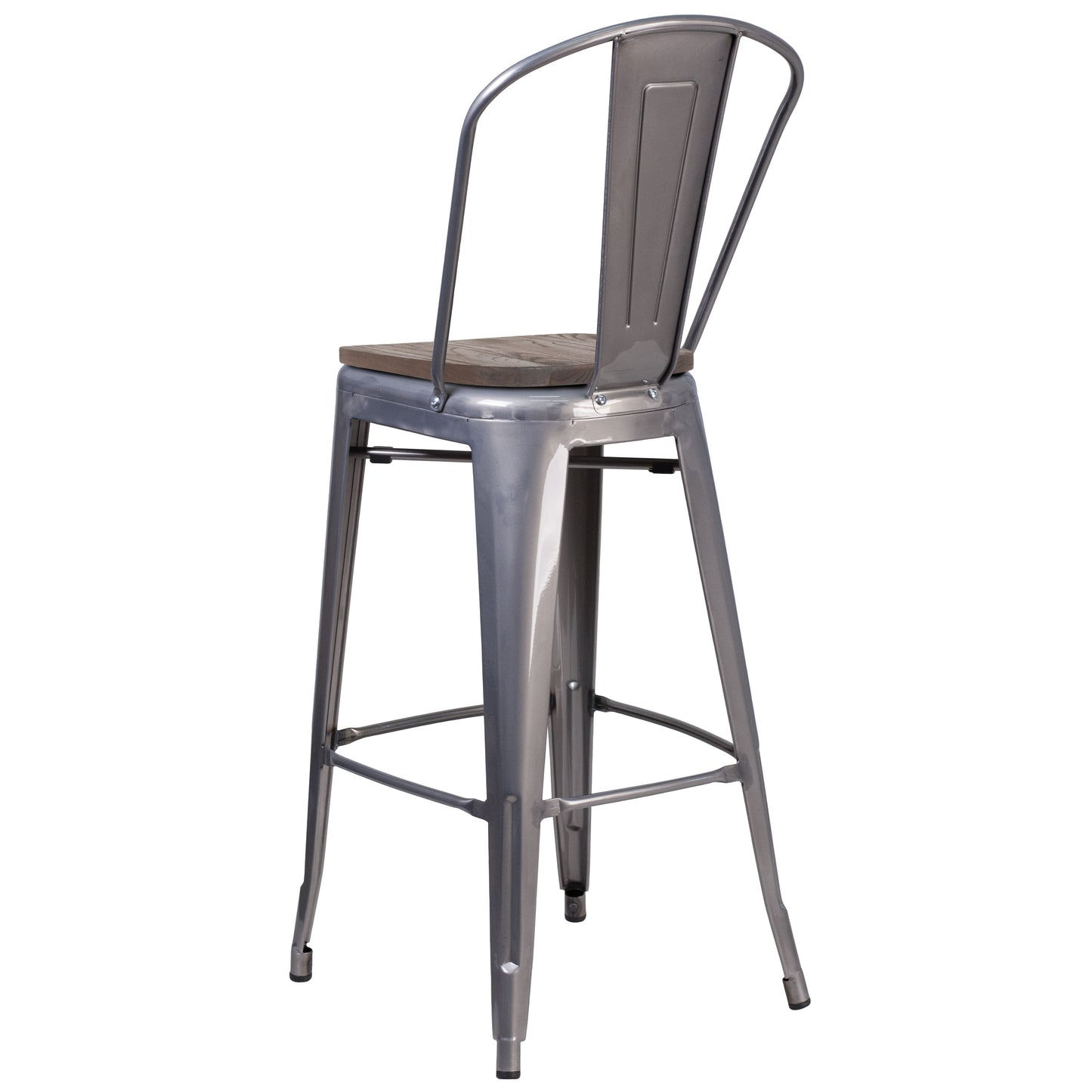 Lincoln 30" High Silver Antique Finish with Clear Coat Barstool with Back and Wood Seat Clear Coated