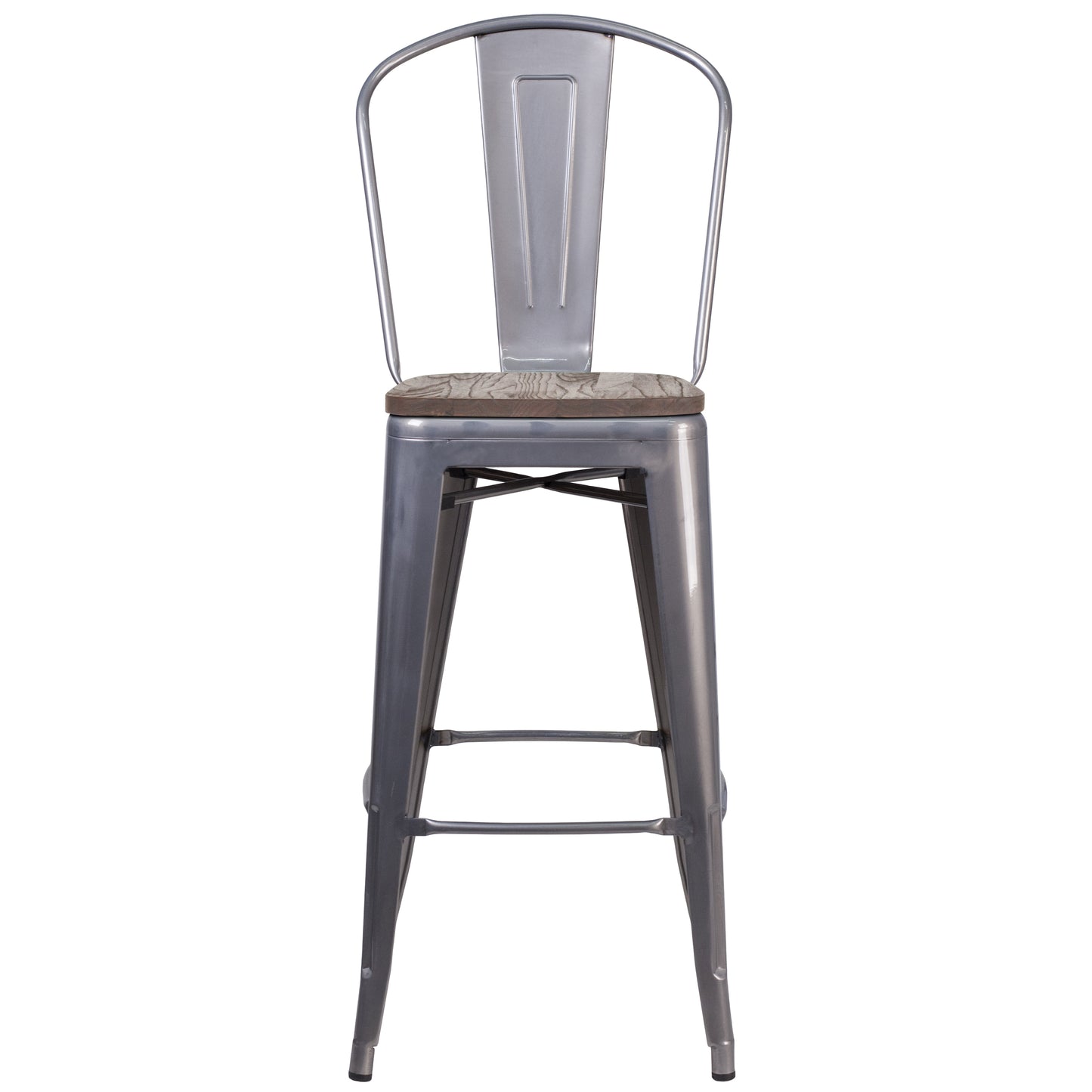 Lincoln 30" High Silver Antique Finish with Clear Coat Barstool with Back and Wood Seat Clear Coated