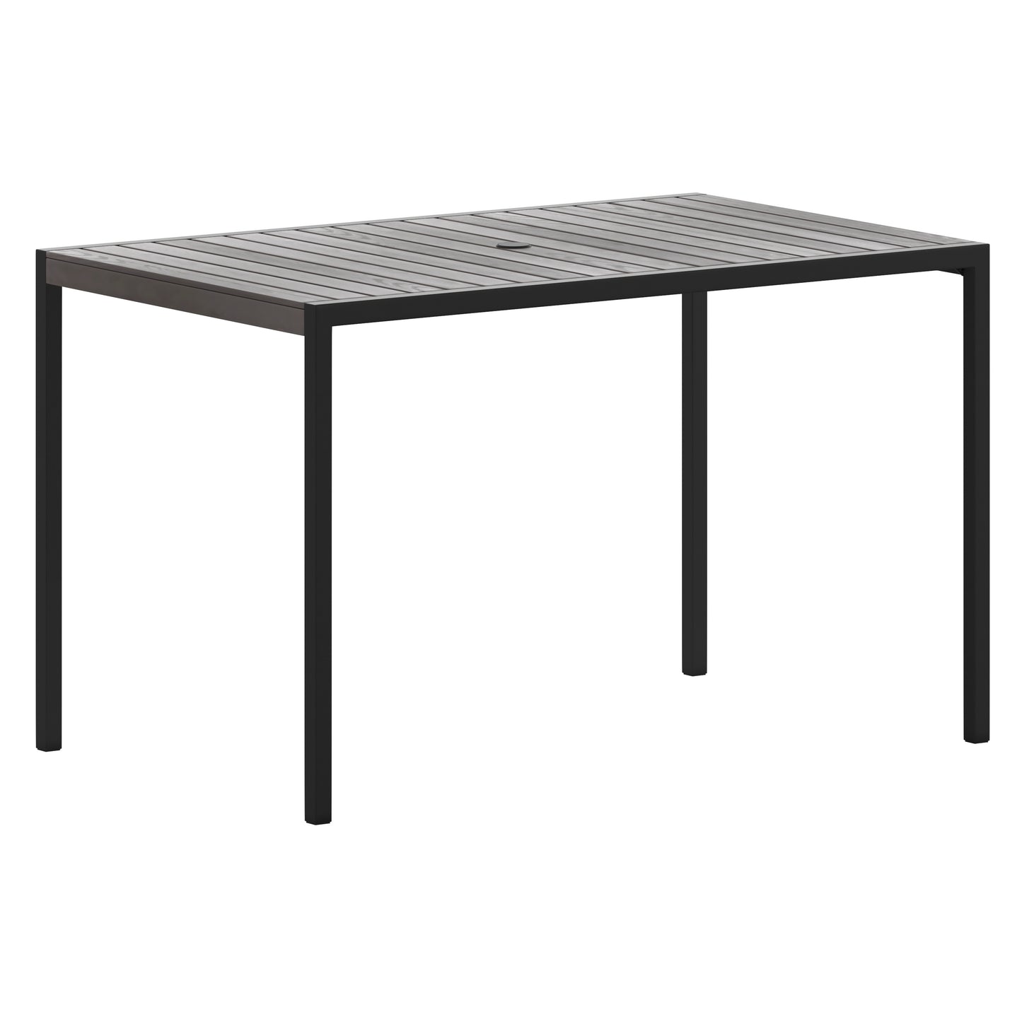 Lark Outdoor Dining Table with Synthetic Gray Wash Teak Poly Slats - 30" x 48" Steel Framed Restaurant Table with Umbrella Holder Hole Gray Wash Teak