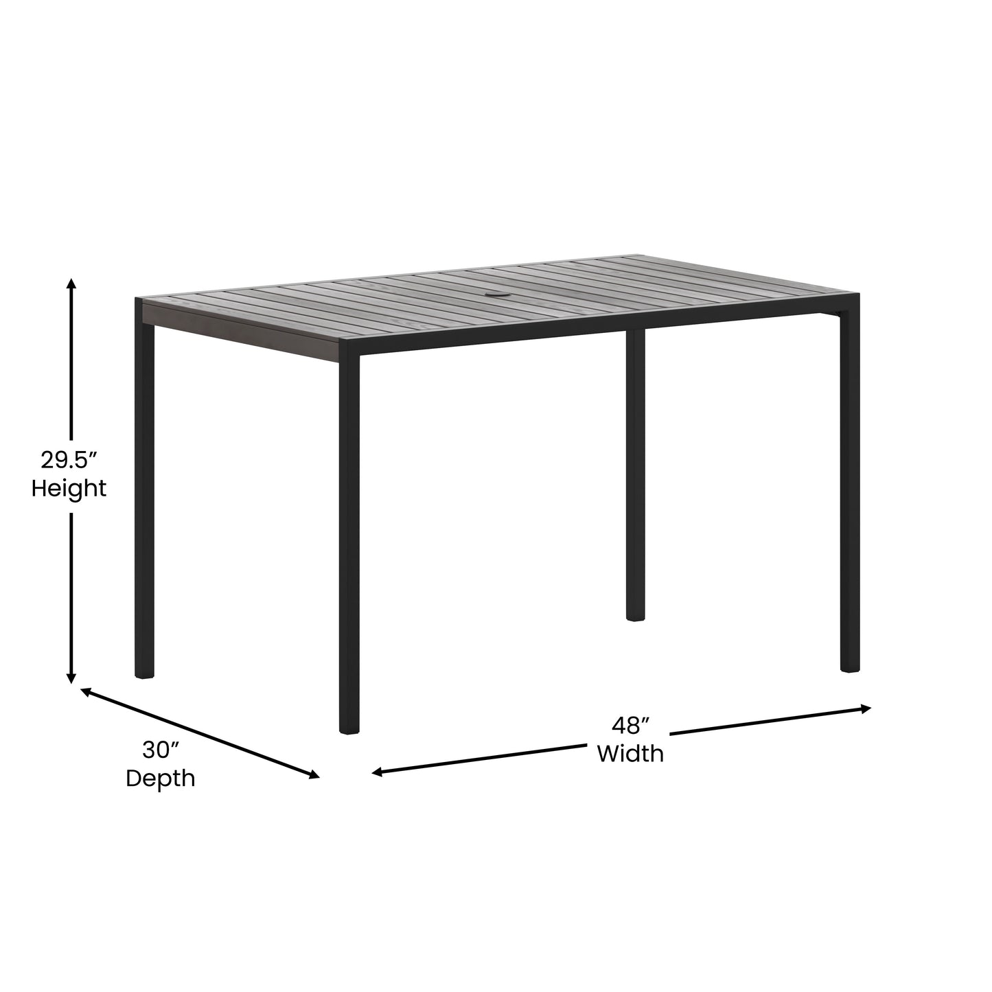 Lark Outdoor Dining Table with Synthetic Gray Wash Teak Poly Slats - 30" x 48" Steel Framed Restaurant Table with Umbrella Holder Hole Gray Wash Teak