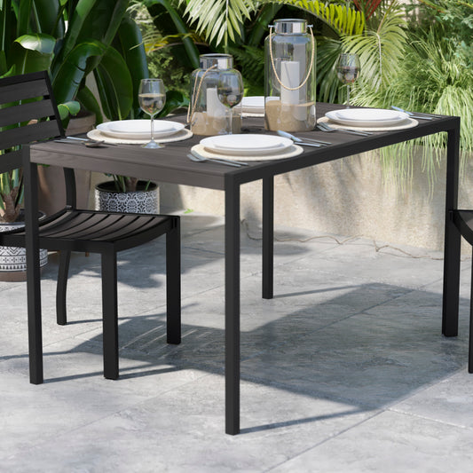 Lark Outdoor Dining Table with Synthetic Gray Wash Teak Poly Slats - 30" x 48" Steel Framed Restaurant Table with Umbrella Holder Hole Gray Wash Teak XU-DG-UH3048-GY-GG