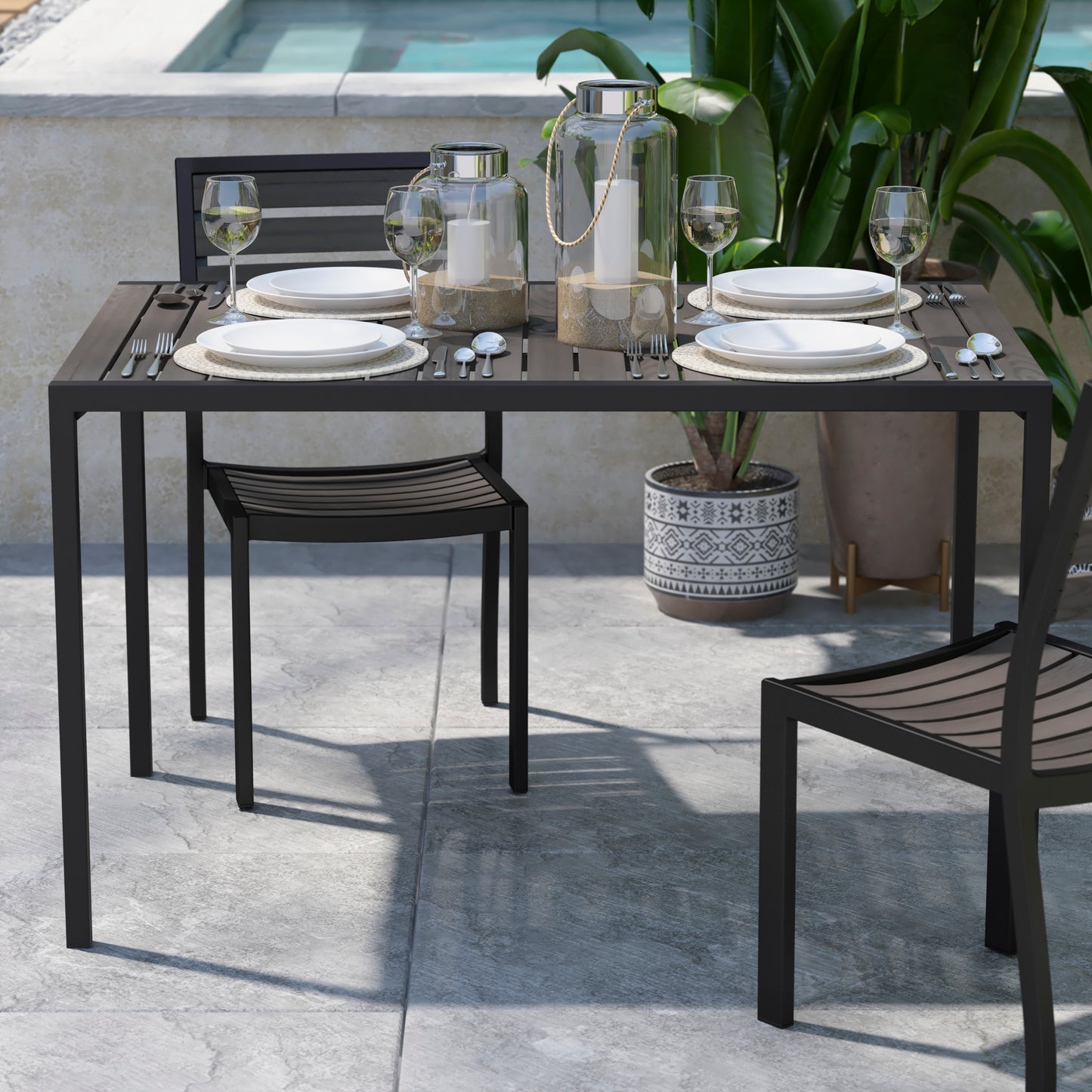 Lark Outdoor Dining Table with Synthetic Gray Wash Teak Poly Slats - 30" x 48" Steel Framed Restaurant Table with Umbrella Holder Hole Gray Wash Teak