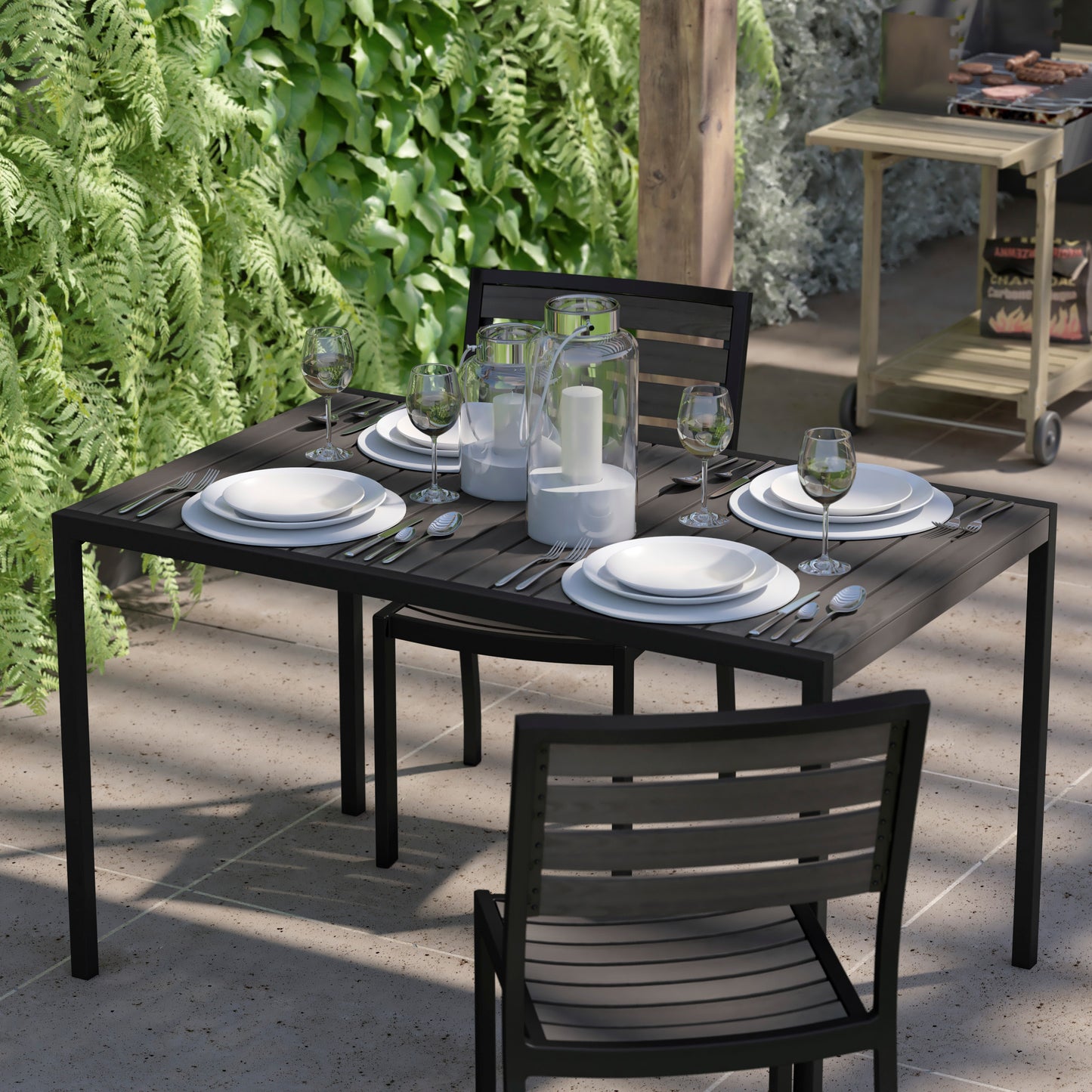 Lark Outdoor Dining Table with Synthetic Gray Wash Teak Poly Slats - 30" x 48" Steel Framed Restaurant Table with Umbrella Holder Hole Gray Wash Teak