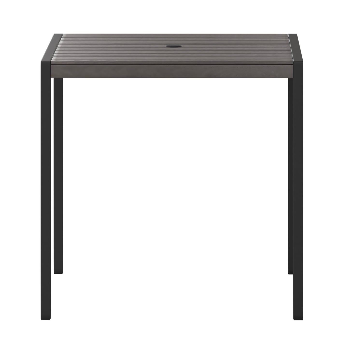 Lark Outdoor Dining Table with Synthetic Gray Wash Teak Poly Slats - 30" x 48" Steel Framed Restaurant Table with Umbrella Holder Hole Gray Wash Teak