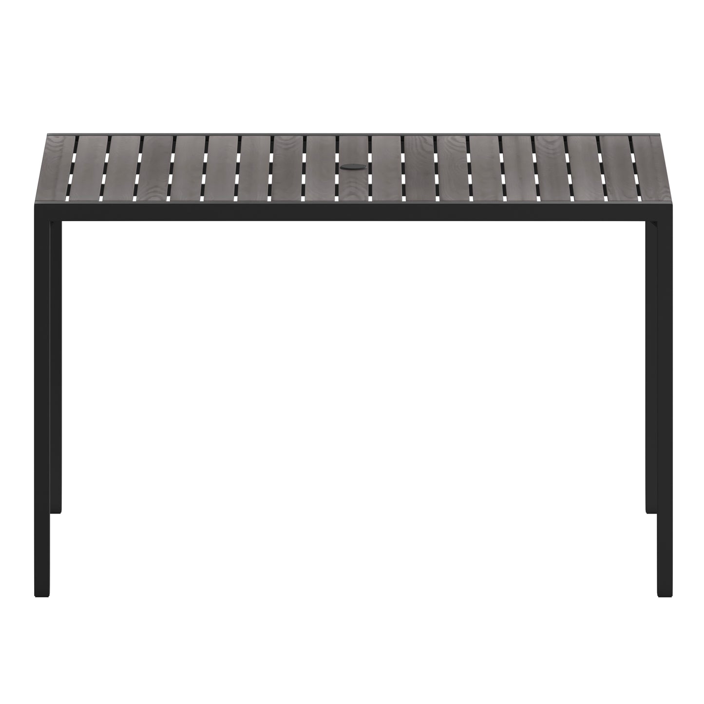 Lark Outdoor Dining Table with Synthetic Gray Wash Teak Poly Slats - 30" x 48" Steel Framed Restaurant Table with Umbrella Holder Hole Gray Wash Teak