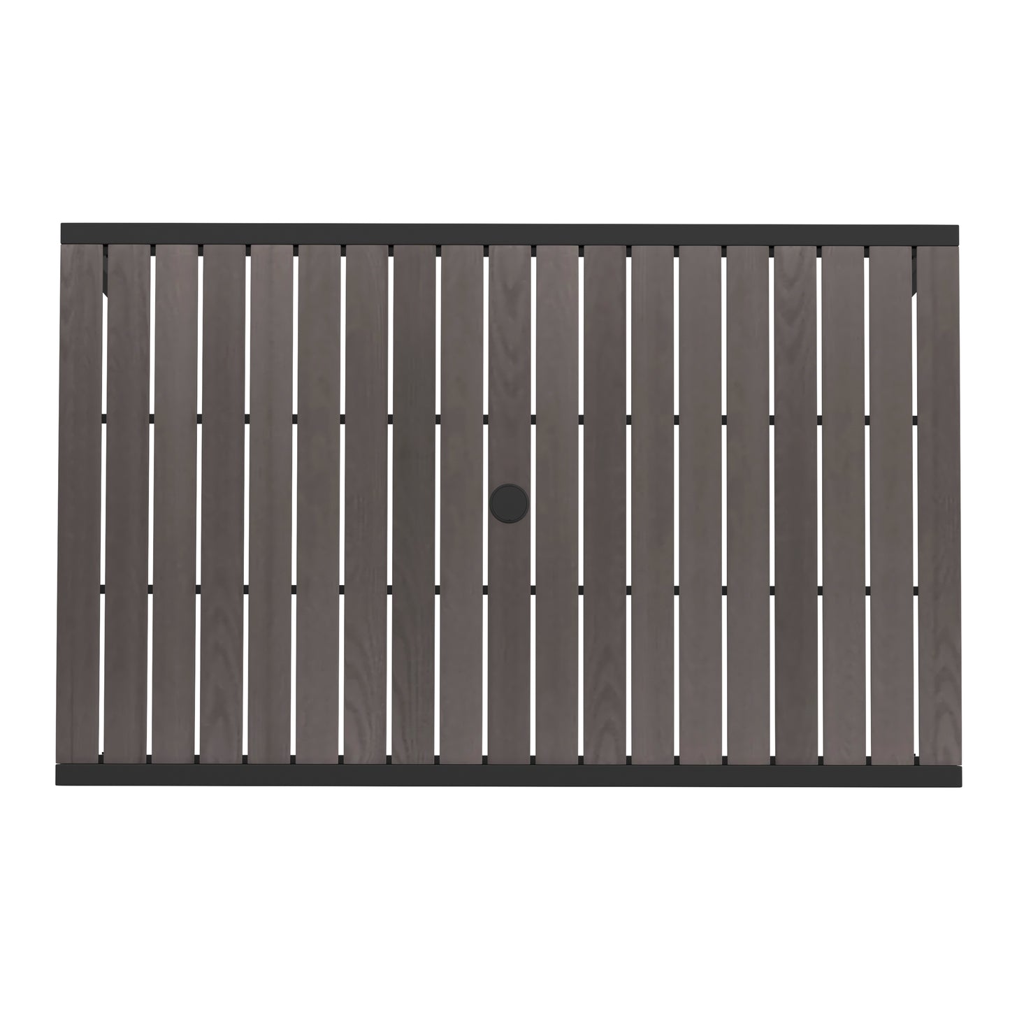 Lark Outdoor Dining Table with Synthetic Gray Wash Teak Poly Slats - 30" x 48" Steel Framed Restaurant Table with Umbrella Holder Hole Gray Wash Teak