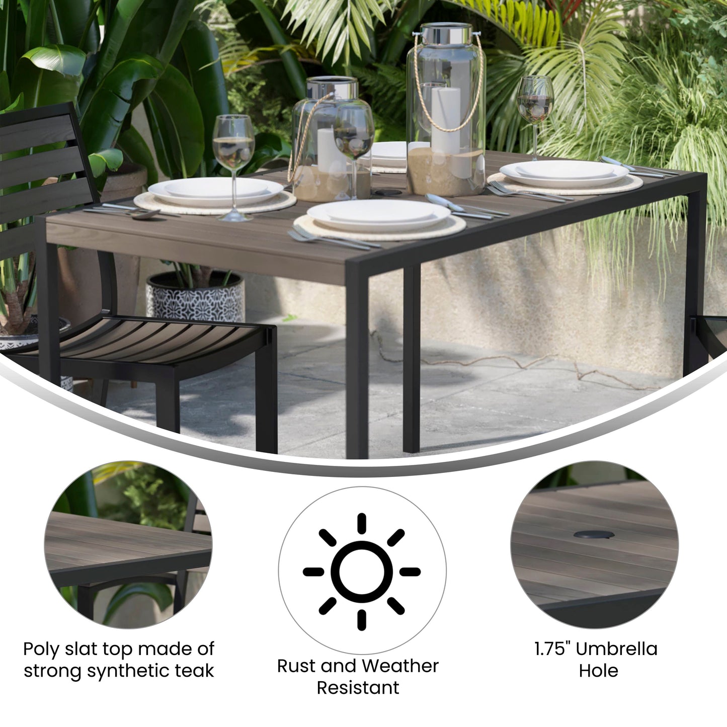 Lark Outdoor Dining Table with Synthetic Gray Wash Teak Poly Slats - 30" x 48" Steel Framed Restaurant Table with Umbrella Holder Hole Gray Wash Teak