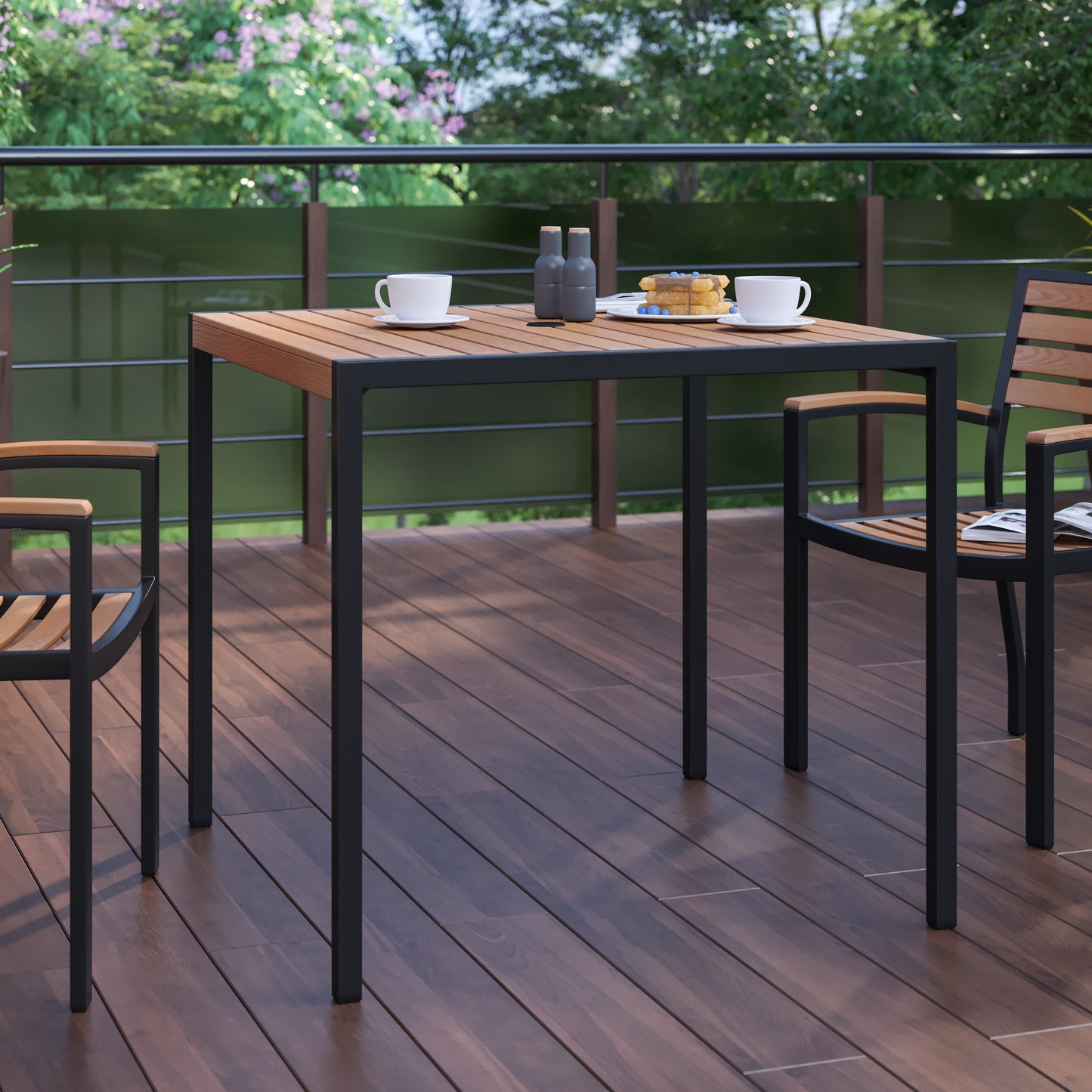Lark Outdoor Dining Table with Synthetic Teak Poly Slats - 35" Square Steel Framed Restaurant Table with Umbrella Holder Hole Teak