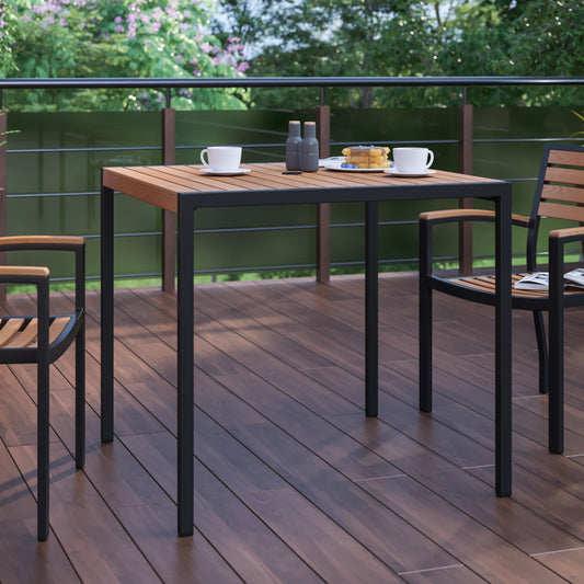 Lark Outdoor Dining Table with Synthetic Teak Poly Slats - 35" Square Steel Framed Restaurant Table with Umbrella Holder Hole Teak XU-DG-UH8100-GG