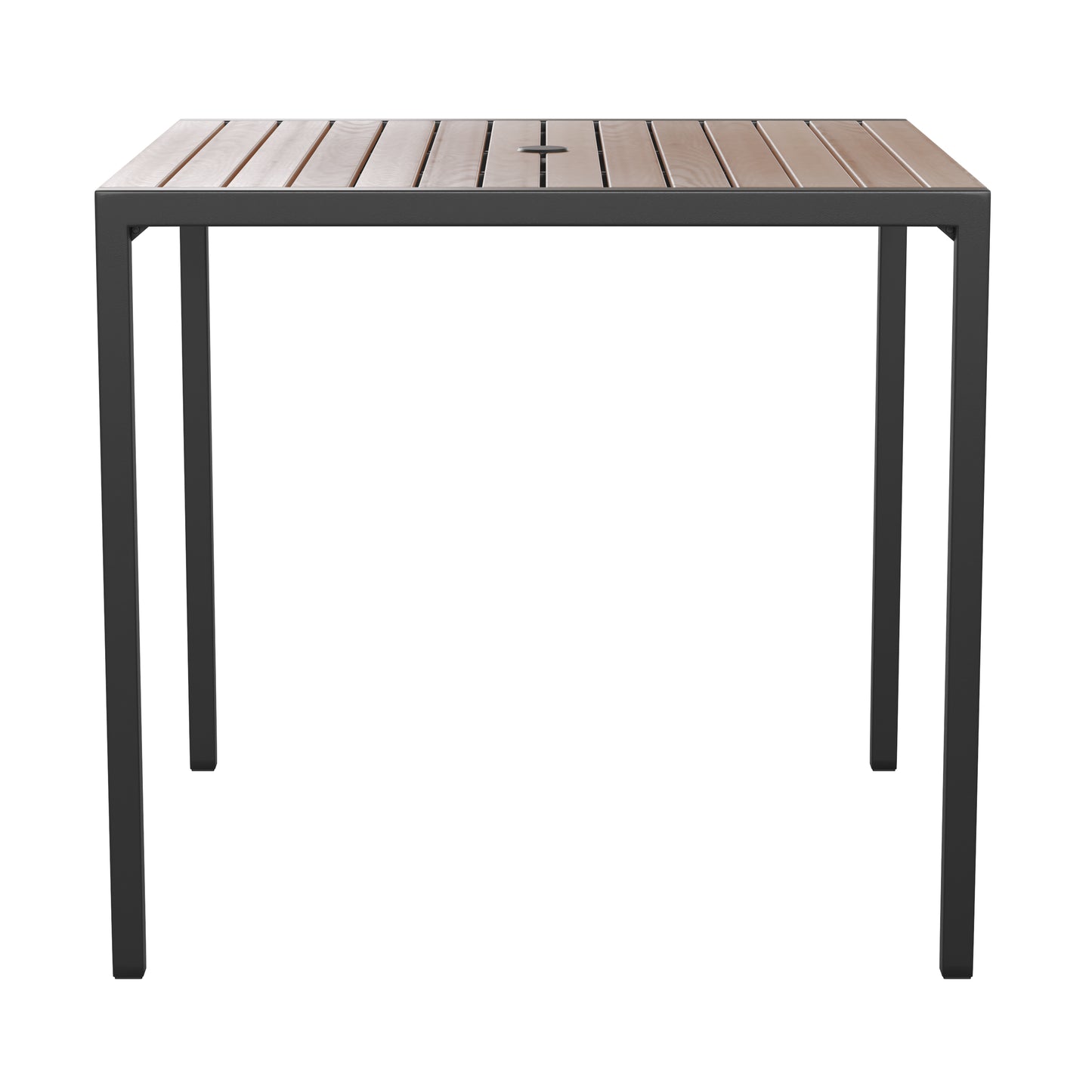 Lark Outdoor Dining Table with Synthetic Teak Poly Slats - 35" Square Steel Framed Restaurant Table with Umbrella Holder Hole Teak