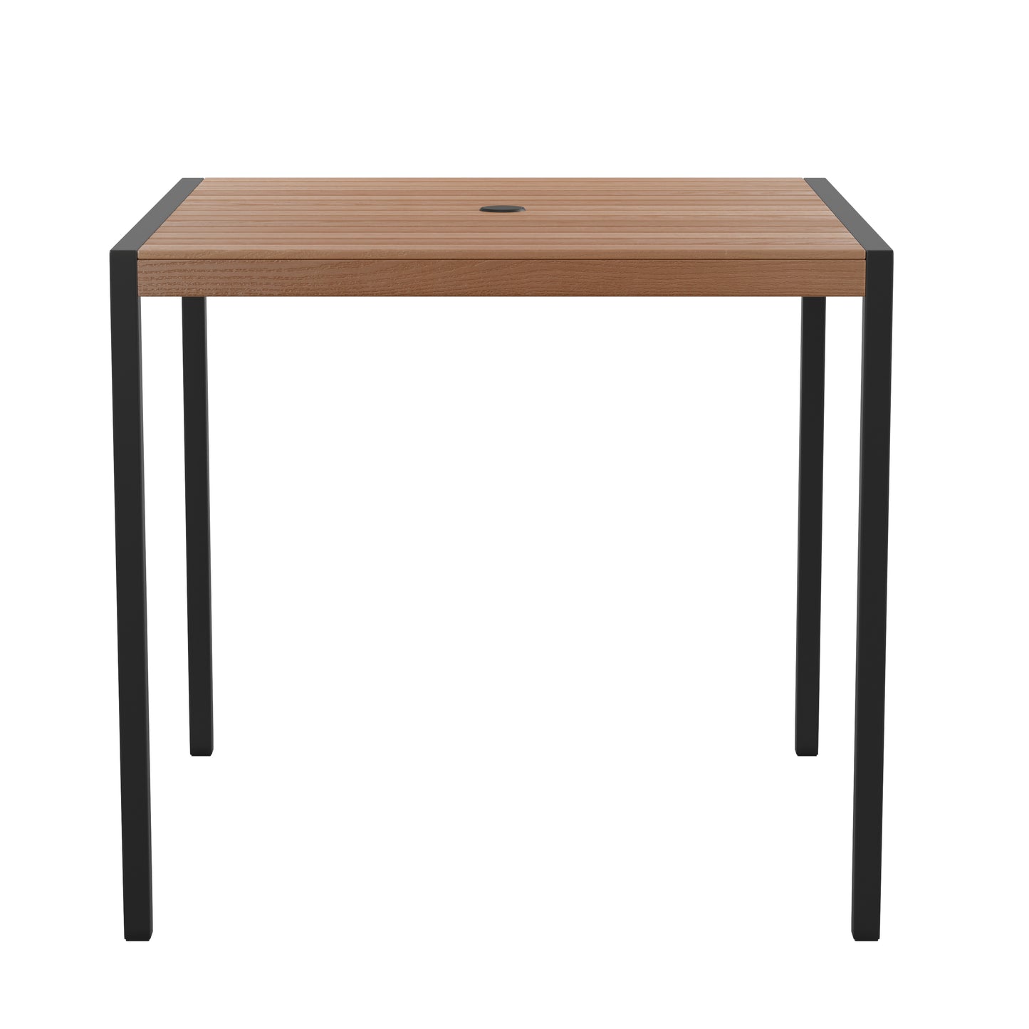 Lark Outdoor Dining Table with Synthetic Teak Poly Slats - 35" Square Steel Framed Restaurant Table with Umbrella Holder Hole Teak