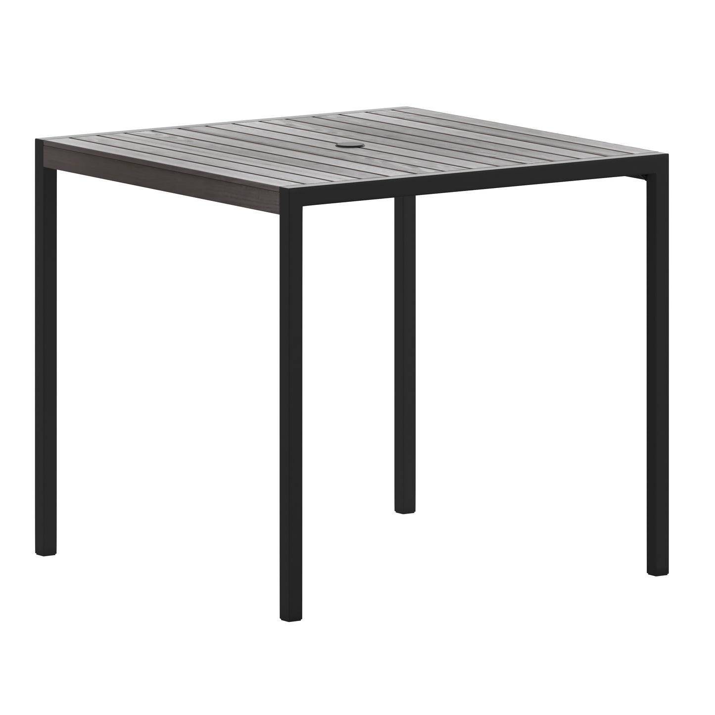 Lark Outdoor Dining Table with Synthetic Gray Wash Teak Poly Slats - 35" Square Steel Framed Restaurant Table with Umbrella Hole Gray Wash Teak