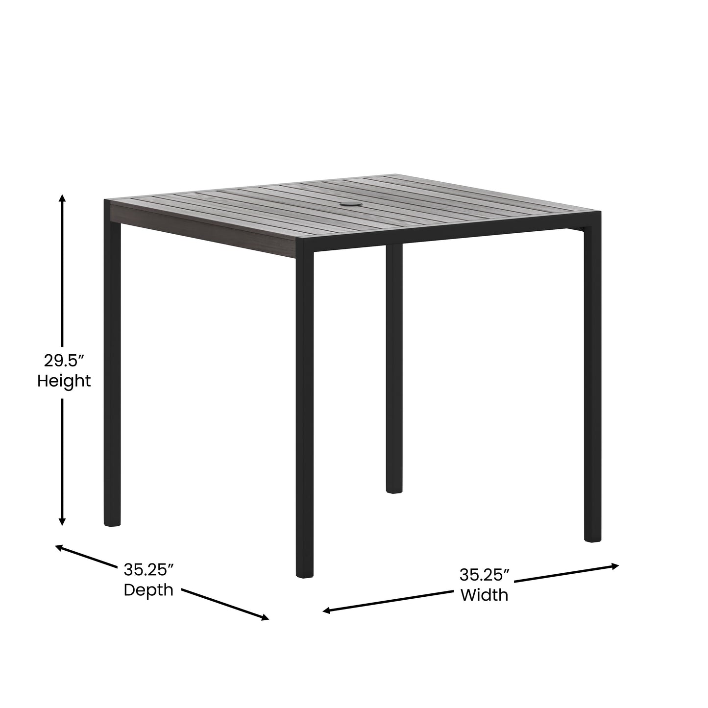 Lark Outdoor Dining Table with Synthetic Gray Wash Teak Poly Slats - 35" Square Steel Framed Restaurant Table with Umbrella Hole Gray Wash Teak